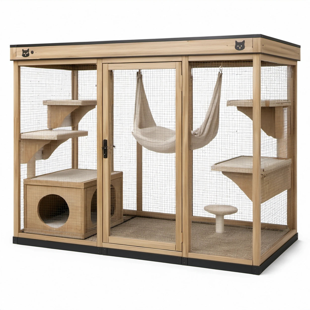 Katzengehege aus Holz und Metallgitter, 180 × 100 × 170 cm, Natur/Schwarz/Beige, mit Plattformen, Kratzsäulen, Höhle und Hängematten