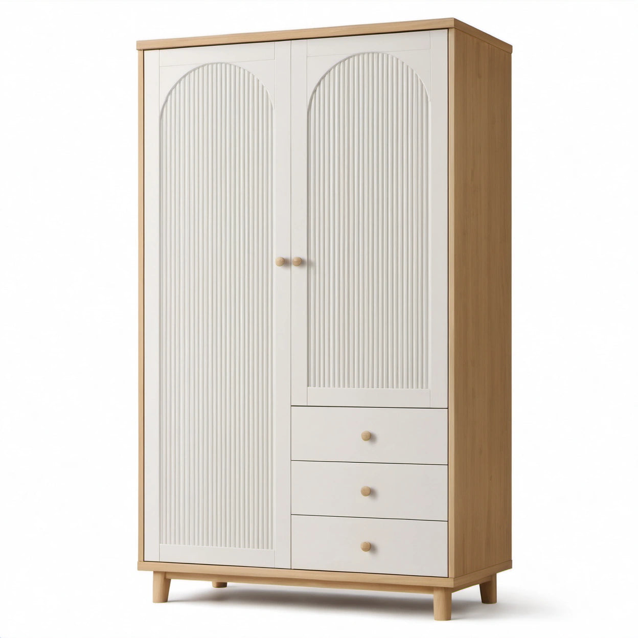 Kleiderschrank in Weiß und Natur, 120 × 55 × 190 cm, 2 Türen und 3 Schubladen
