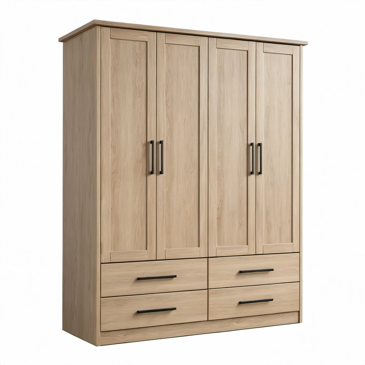 Kleiderschrank mit 4 Türen und 4 Schubladen, 160 × 55 × 210 cm, Eiche Natur und Schwarz, Landhausstil