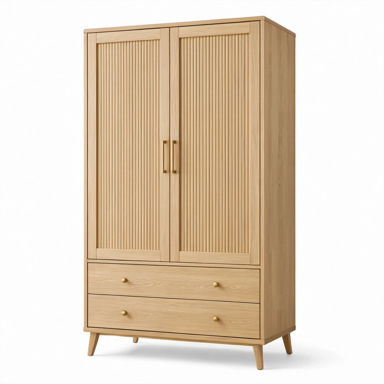 Kleiderschrank mit 2 Türen und 2 Schubladen, Eiche Natur und Gold, 100 × 55 × 180 cm
